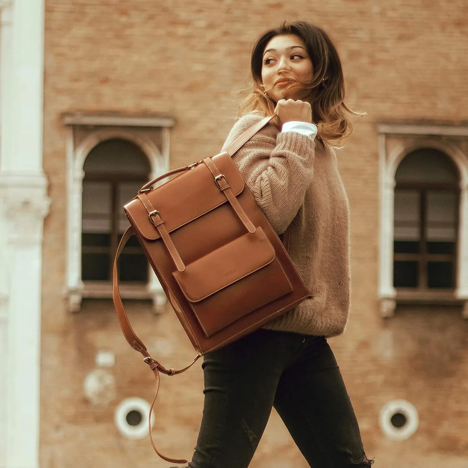 ECOSUSI Laptop Backpack for Women PU Leather Backpack Vintage for Laptop 15.6 inches Computer Bag College Bookbag