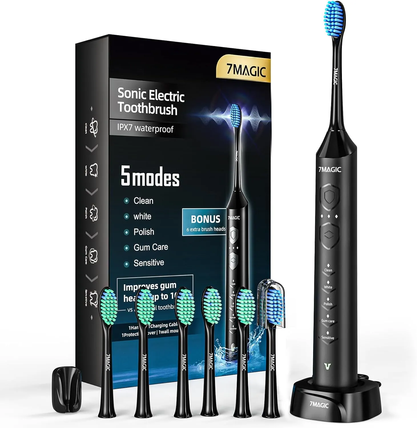 Electric Toothbrush for Adults, Sonic Toothbrush with 3 Intensity Levels & 5 Modes, One Charge for 90 Days, Rechargeable Electric Toothbrush with 6 Toothbrush Heads & 40,000 VPM Deep Clean(Black)