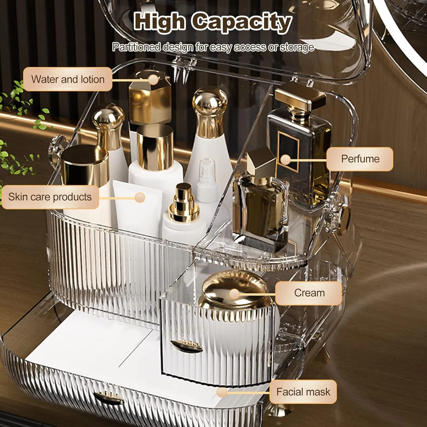 Ergocar Galatée Portable Retro Series Multi-Function Make Up Case Dustproof Cosmetic Storage Box, Skin Care Products Jewelry Organizer Finishing Box - High Transparency   Lipstick Box
