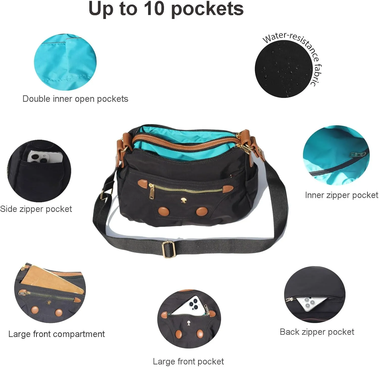 ESVAN Fashionable Women's Crossbody Bag:10-Pocket Purse Handbag Shoulder Bag with 2 Detachable Straps