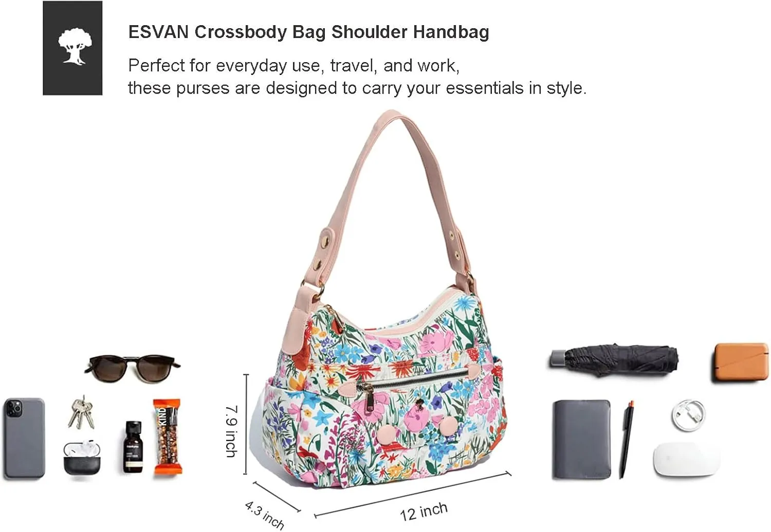 ESVAN Fashionable Women's Crossbody Bag:10-Pocket Purse Handbag Shoulder Bag with 2 Detachable Straps