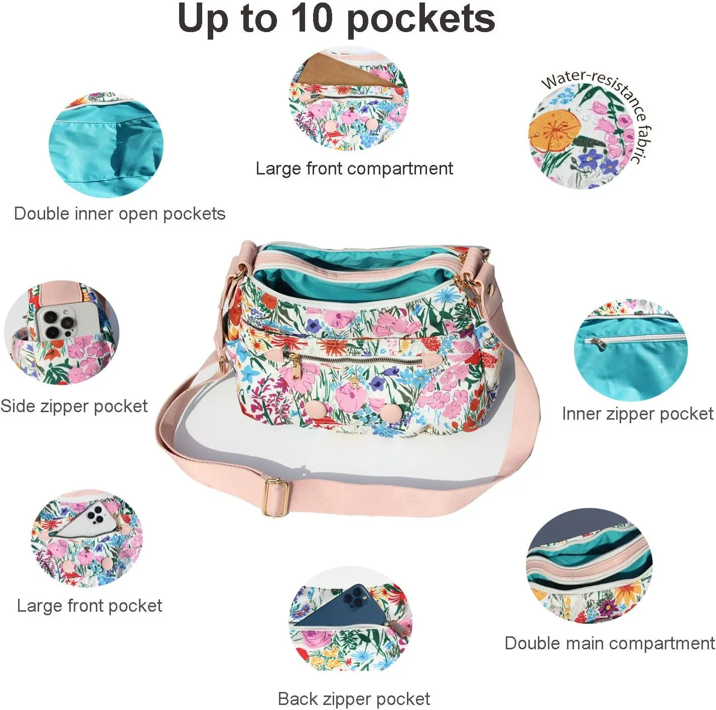 ESVAN Fashionable Women's Crossbody Bag:10-Pocket Purse Handbag Shoulder Bag with 2 Detachable Straps