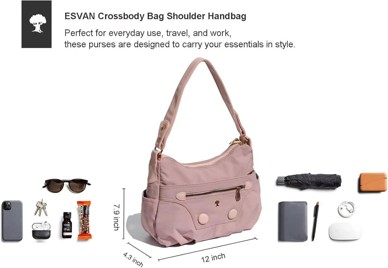 ESVAN Fashionable Women's Crossbody Bag:10-Pocket Purse Handbag Shoulder Bag with 2 Detachable Straps