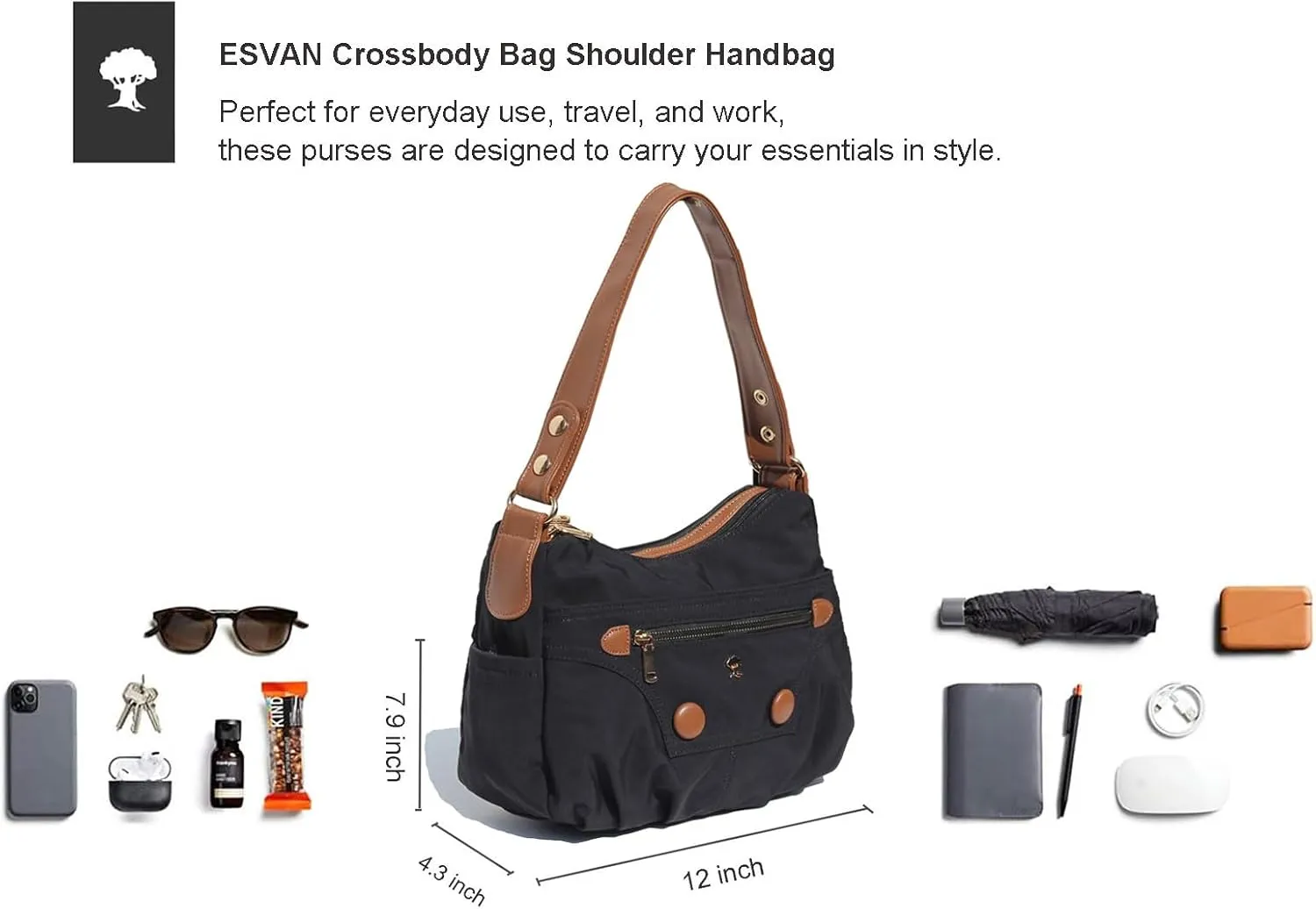 ESVAN Fashionable Women's Crossbody Bag:10-Pocket Purse Handbag Shoulder Bag with 2 Detachable Straps