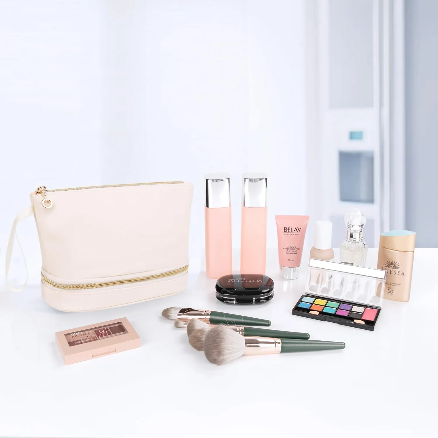 Ethereal Small Travel Makeup Bag, Cream Makeup Organizer Bag Ttravel Essentials for Women Makeup Bag for Purse Portable Makeup Pouch Cosmetic Bag