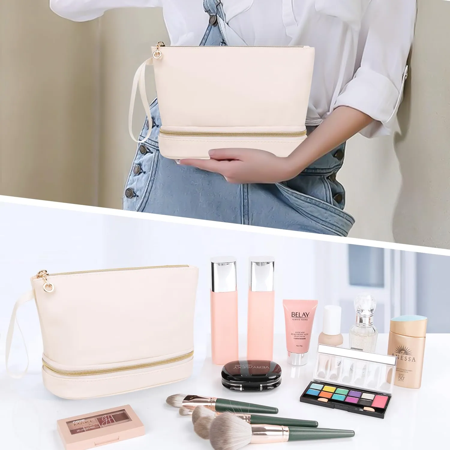 Ethereal Small Travel Makeup Bag, Cream Makeup Organizer Bag Ttravel Essentials for Women Makeup Bag for Purse Portable Makeup Pouch Cosmetic Bag