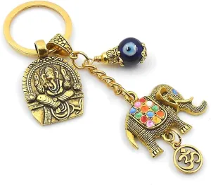 Evil Eye Protection Lucky Elephant & Lord Ganesha Key Ring | Antique Golden UpTrunk Spiritual Key Chain for Good Luck, Wisdom & Wealth | Handbag/Backpack Charm Accessory, Silver, Small