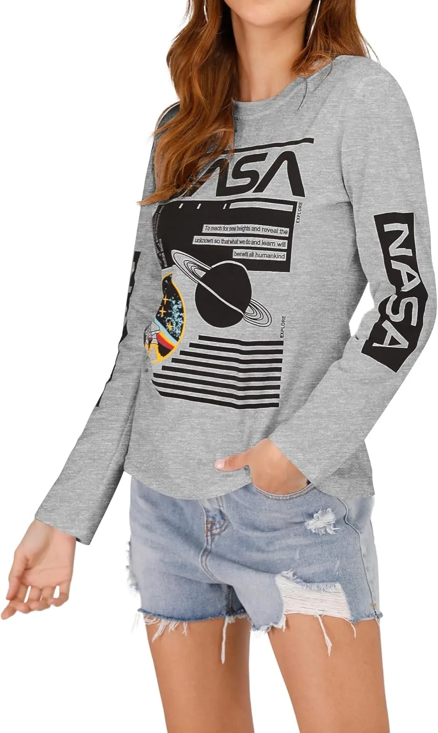 Ezcosplay Crew Neck Long Sleeve NASA T-Shirt Letter Printed Shirt Graphic Tee Tops for Women