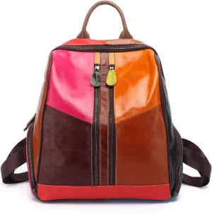 Fashion Women Multicolor Backpack Genuine Leather Colorful Patchwork Shoulder Bag Bohemian Style Handbag