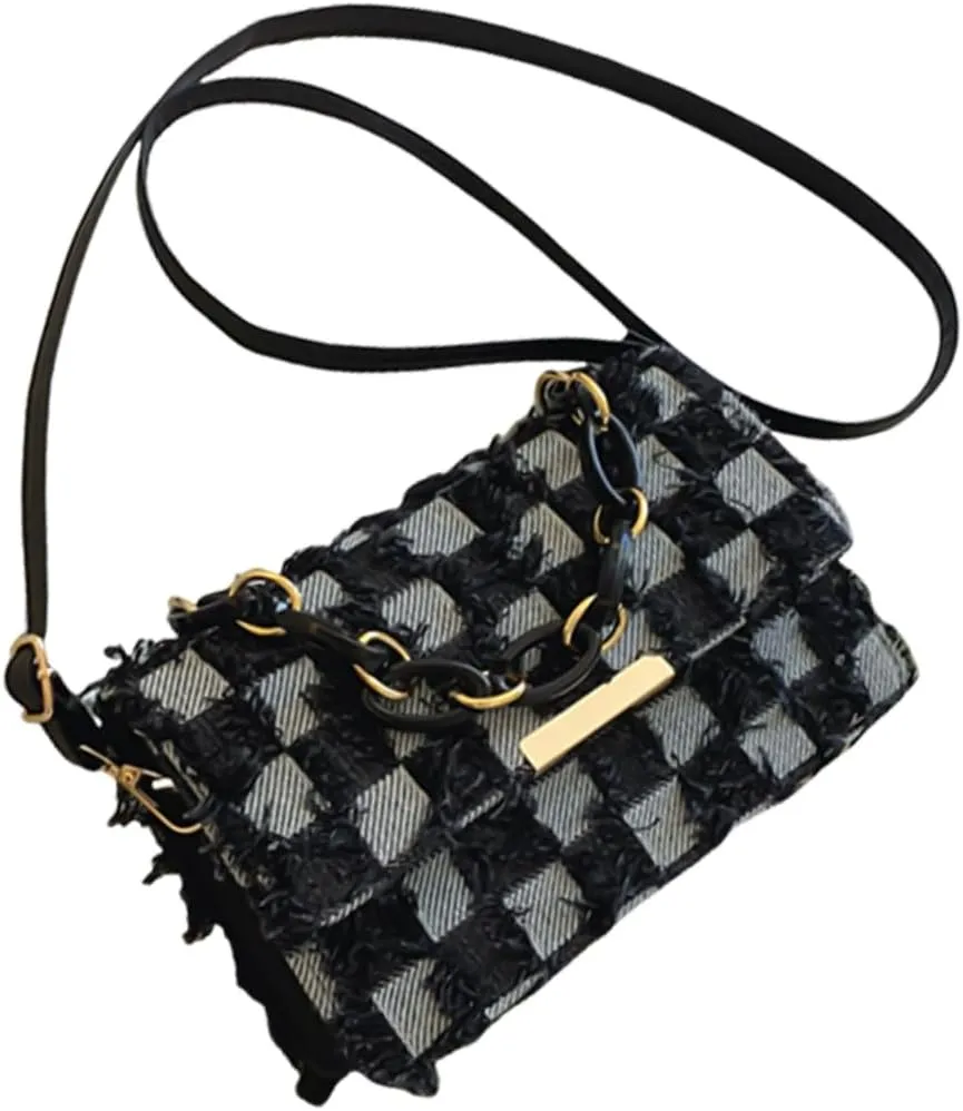 Fashionable Chain Handle Shoulder Bag Korean Elegant Denims Tassels Handbag Checkered Jeans Crossbody Purse for Women