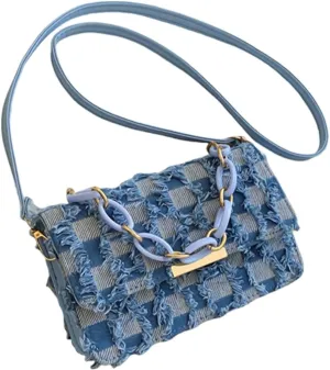 Fashionable Chain Handle Shoulder Bag Korean Elegant Denims Tassels Handbag Checkered Jeans Crossbody Purse for Women