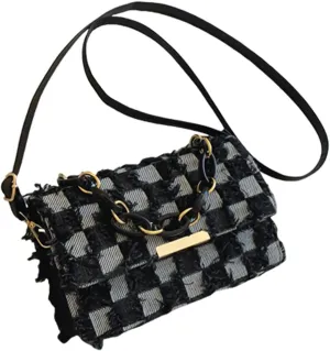 Fashionable Chain Handle Shoulder Bag Korean Elegant Denims Tassels Handbag Checkered Jeans Crossbody Purse for Women