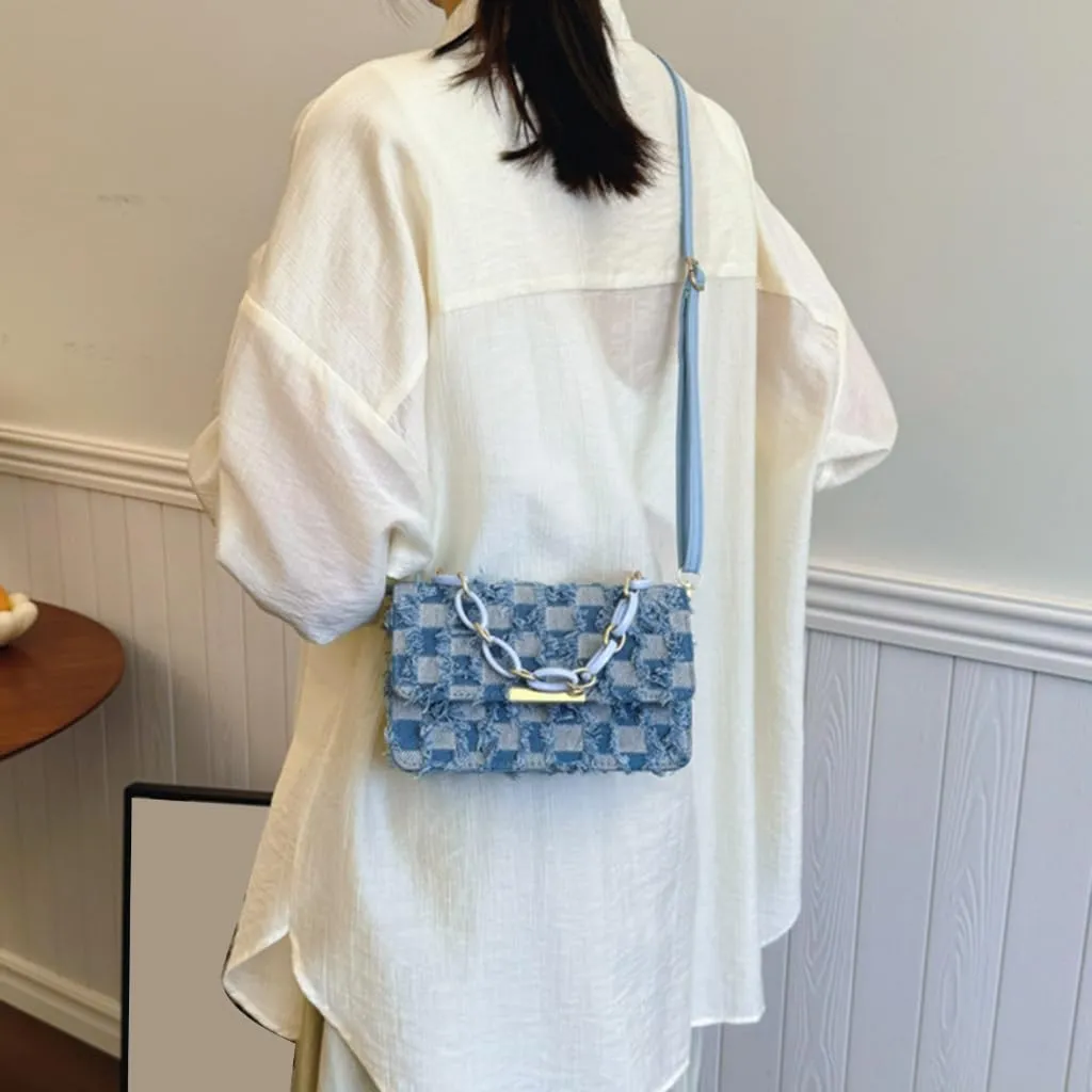 Fashionable Chain Handle Shoulder Bag Korean Elegant Denims Tassels Handbag Checkered Jeans Crossbody Purse for Women