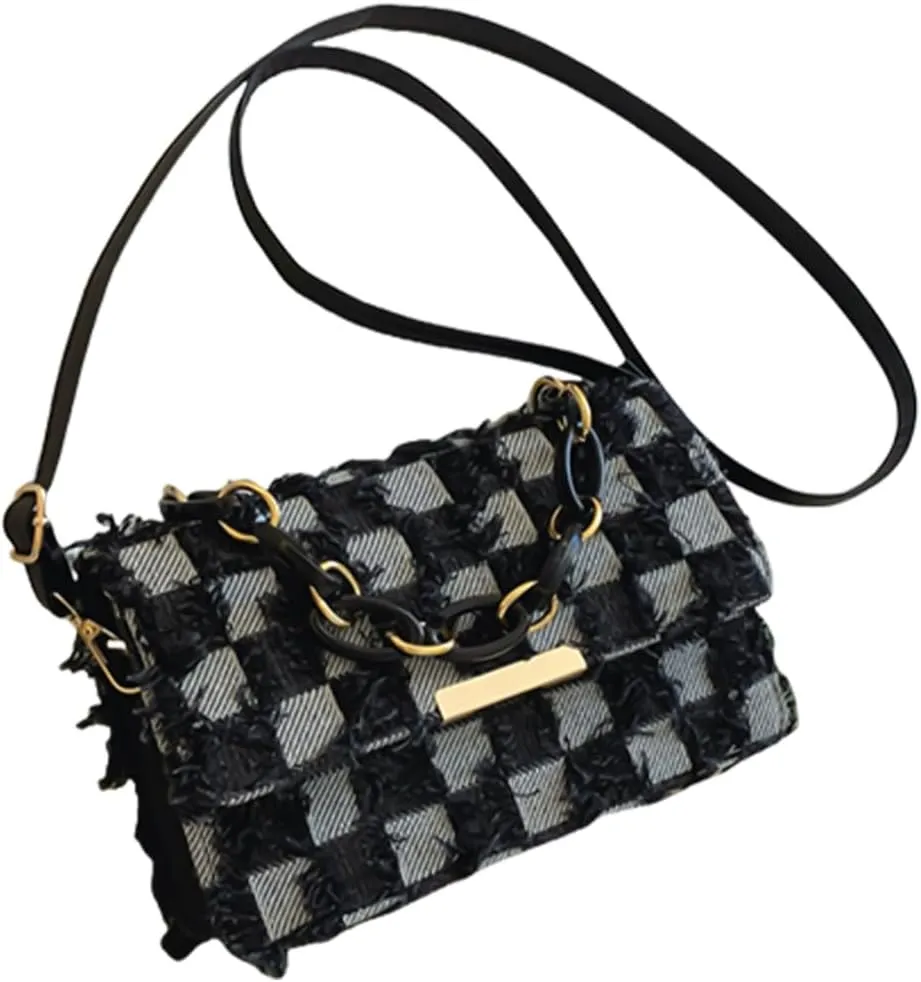 Fashionable Chain Handle Shoulder Bag Korean Elegant Denims Tassels Handbag Checkered Jeans Crossbody Purse for Women