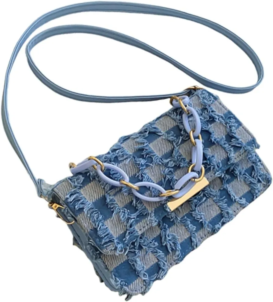 Fashionable Chain Handle Shoulder Bag Korean Elegant Denims Tassels Handbag Checkered Jeans Crossbody Purse for Women