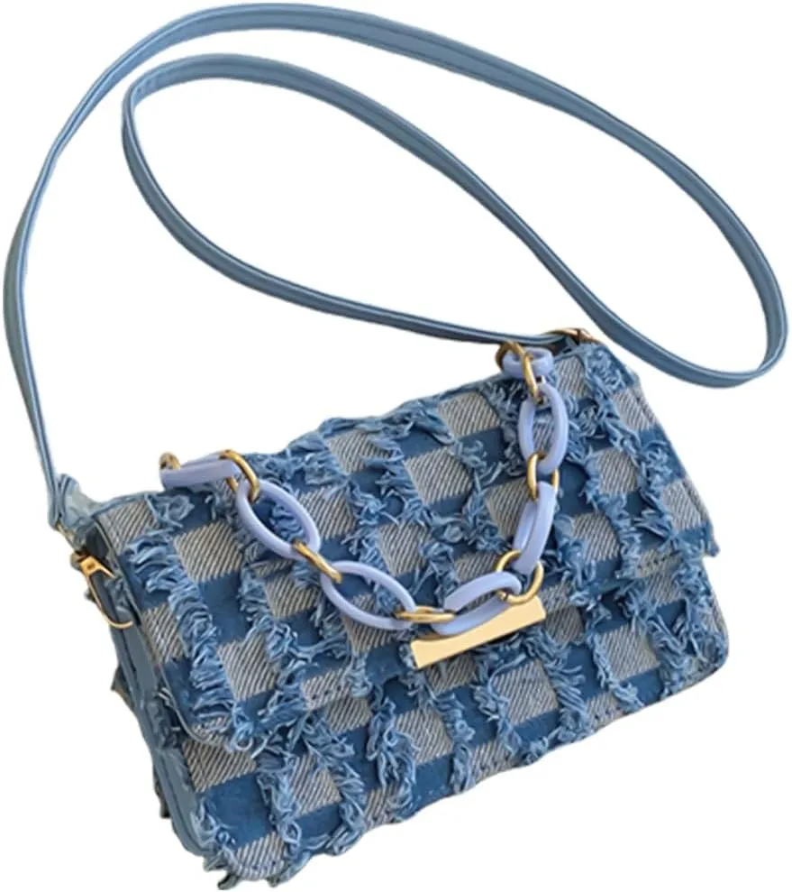 Fashionable Chain Handle Shoulder Bag Korean Elegant Denims Tassels Handbag Checkered Jeans Crossbody Purse for Women