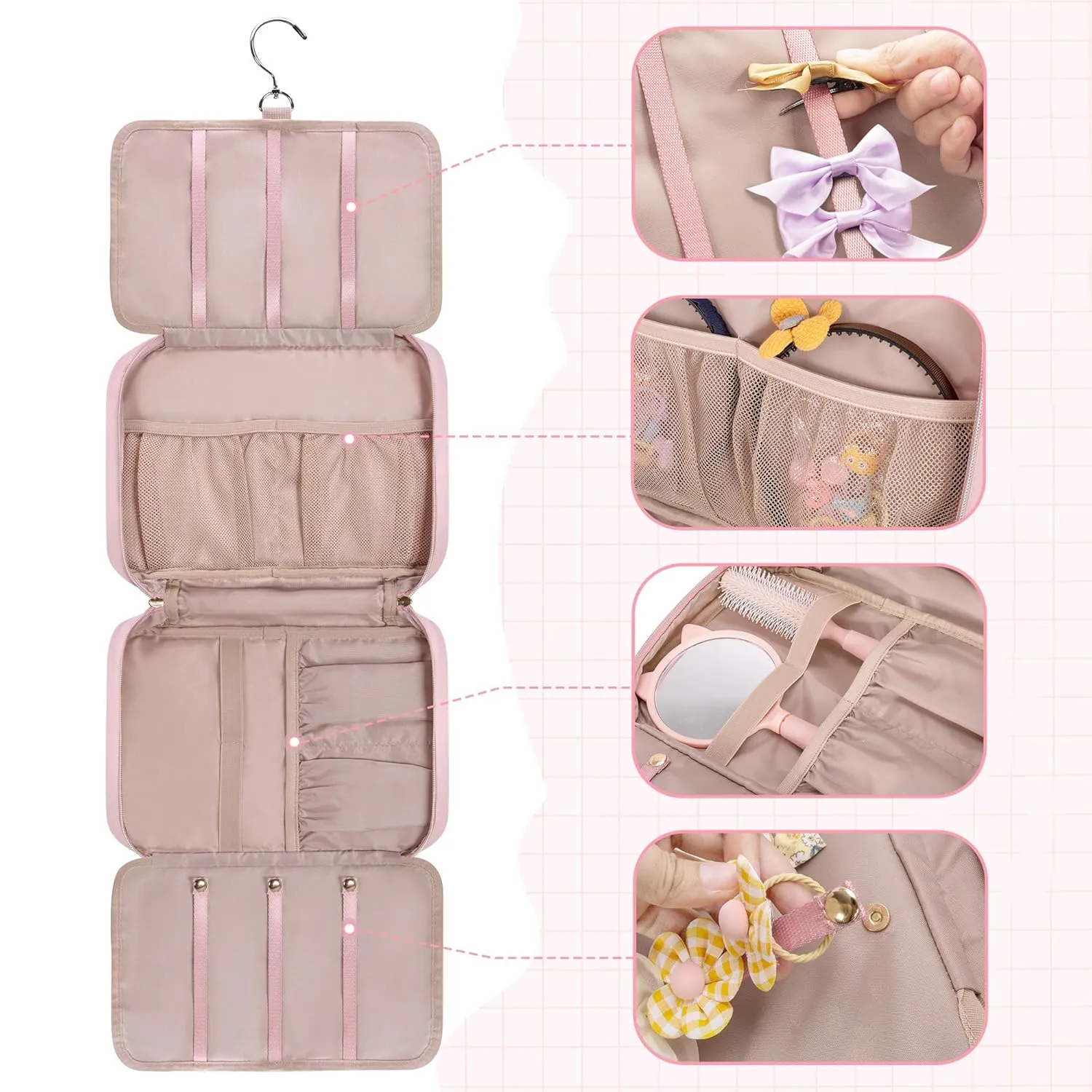 Fasrom Hair Accessories Organizer for Girls, Hanging Hair Bow Storage Bag for Kids Hair Clips, Headband, Hair Ties and Scrunchies Holder, Pink (Empty Bag)