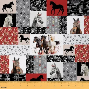 Feelyou Rustic Horse Fabric by The Yard 2 Yards Kids Horse Floral Decorative Waterproof Outdoor Fabric Western Cowboy Upholstery Fabric for Chairs Geometric Plaids Patchwork Red Outdoor Fabric