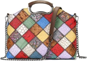 Floral Pattern Women Purse, Leather Ladies Designer Tote Bag Handbag Multicolor Patchwork Shoulder Bags