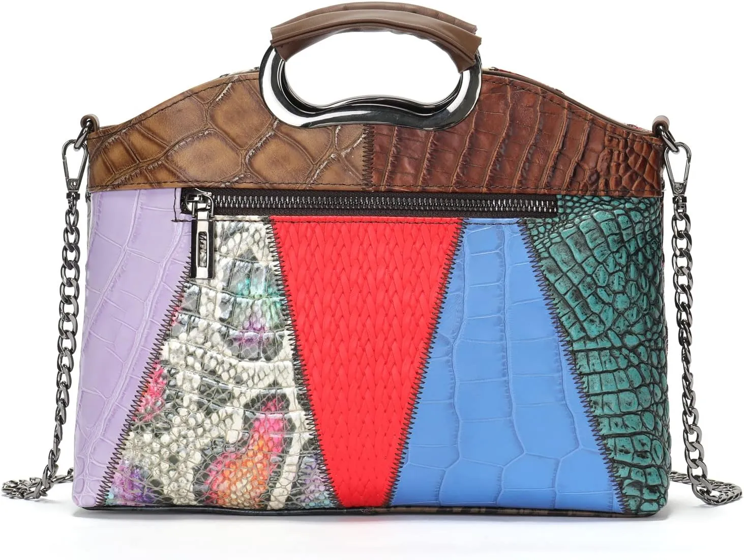 Floral Pattern Women Purse, Leather Ladies Designer Tote Bag Handbag Multicolor Patchwork Shoulder Bags