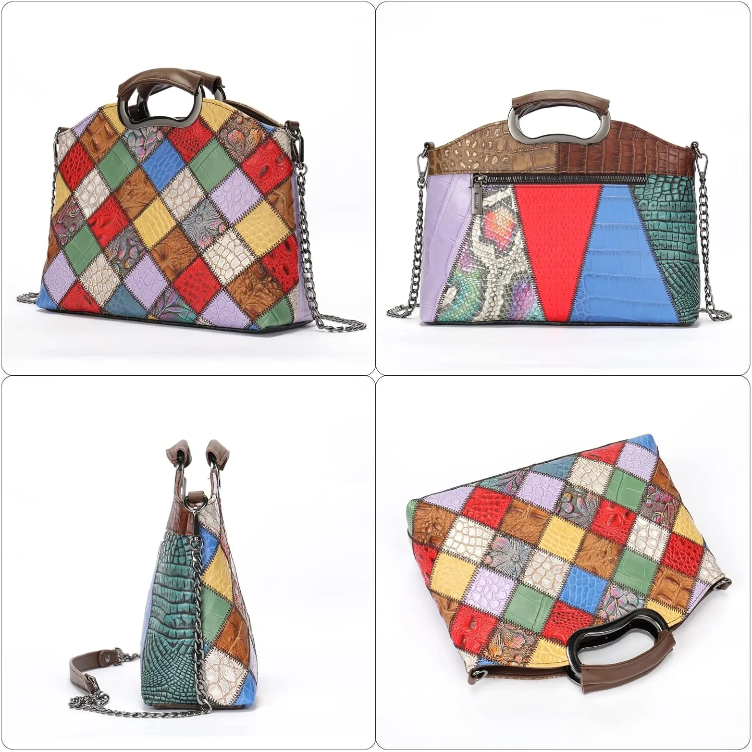 Floral Pattern Women Purse, Leather Ladies Designer Tote Bag Handbag Multicolor Patchwork Shoulder Bags
