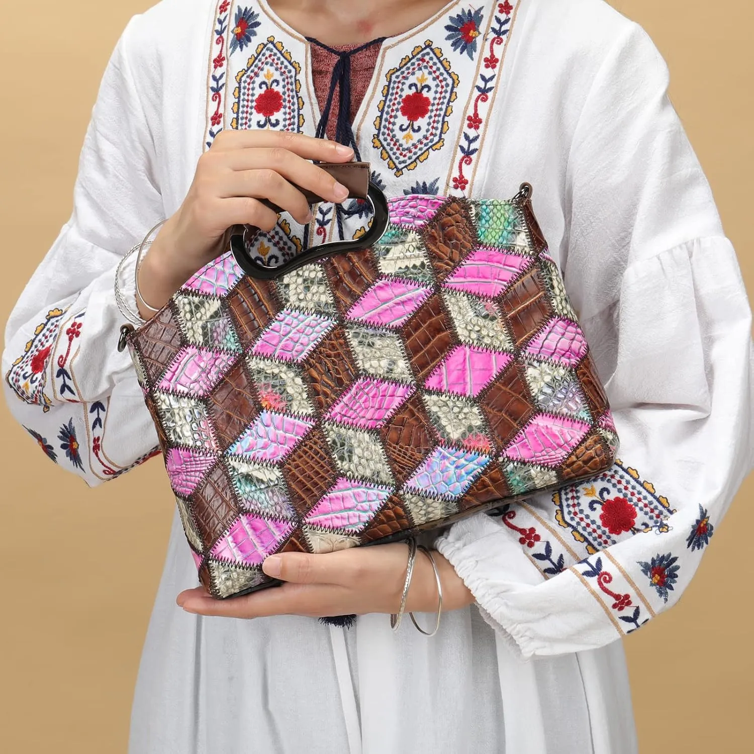 Floral Pattern Women Purse, Leather Ladies Designer Tote Bag Handbag Multicolor Patchwork Shoulder Bags
