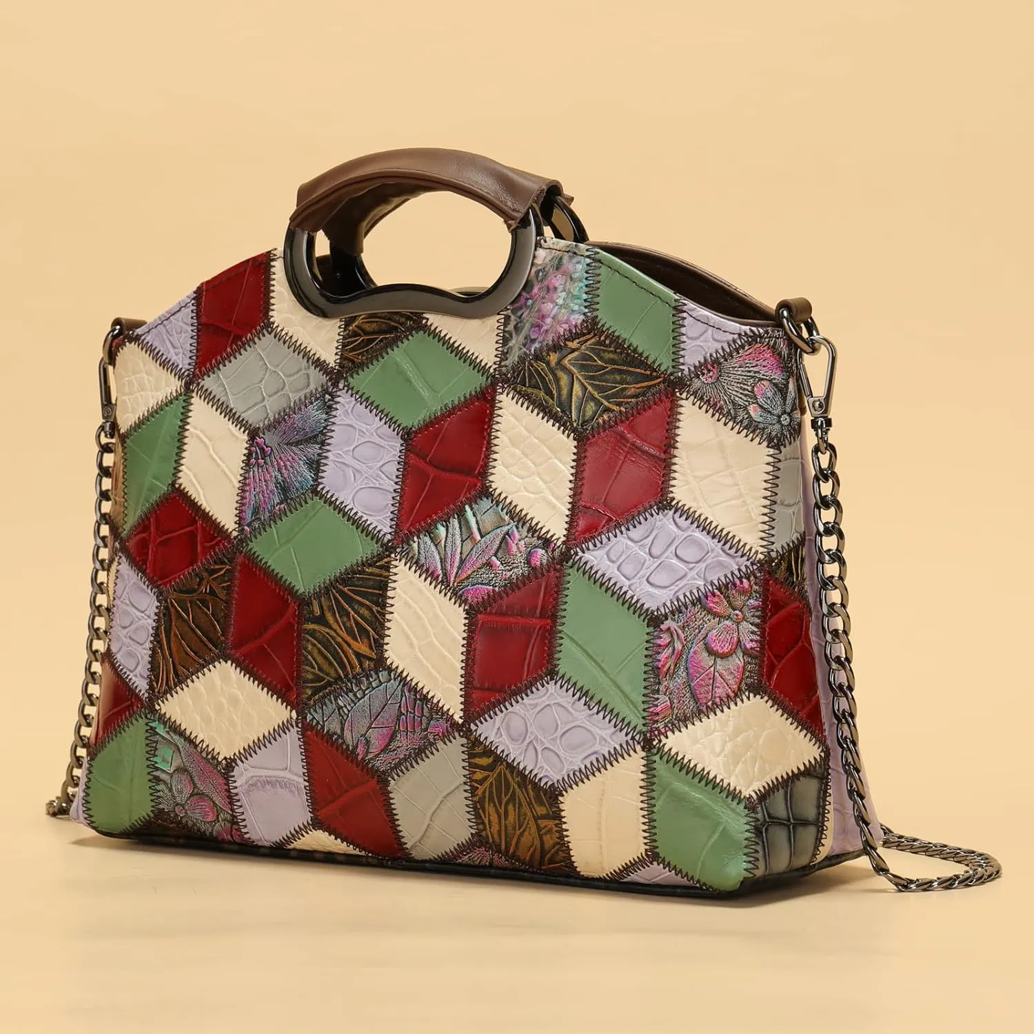 Floral Pattern Women Purse, Leather Ladies Designer Tote Bag Handbag Multicolor Patchwork Shoulder Bags