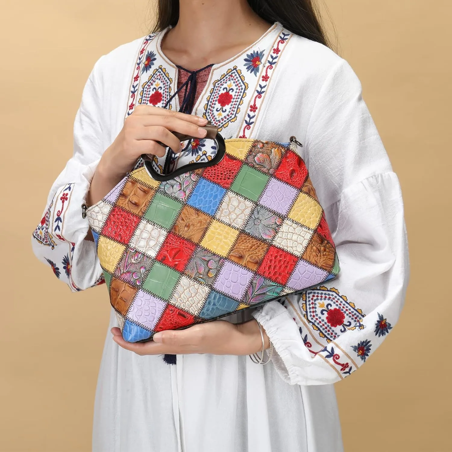 Floral Pattern Women Purse, Leather Ladies Designer Tote Bag Handbag Multicolor Patchwork Shoulder Bags