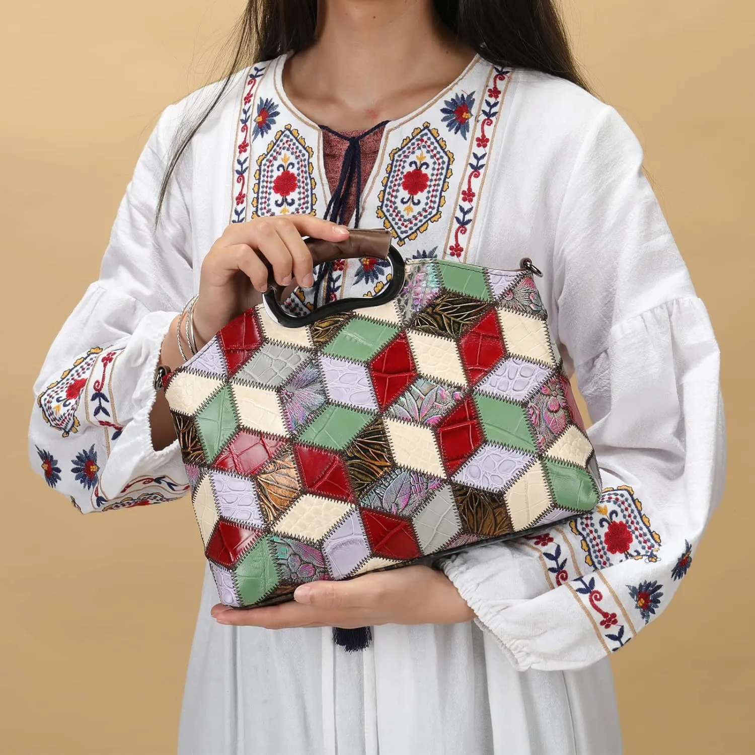 Floral Pattern Women Purse, Leather Ladies Designer Tote Bag Handbag Multicolor Patchwork Shoulder Bags