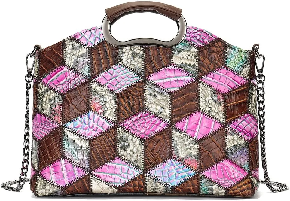 Floral Pattern Women Purse, Leather Ladies Designer Tote Bag Handbag Multicolor Patchwork Shoulder Bags