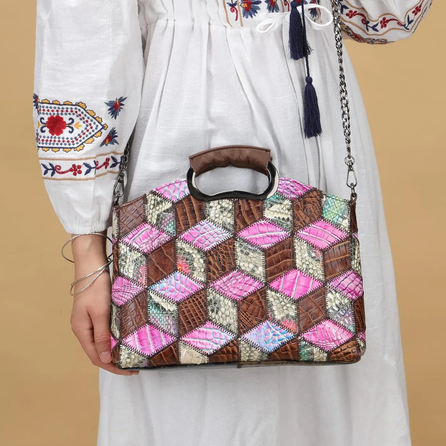 Floral Pattern Women Purse, Leather Ladies Designer Tote Bag Handbag Multicolor Patchwork Shoulder Bags