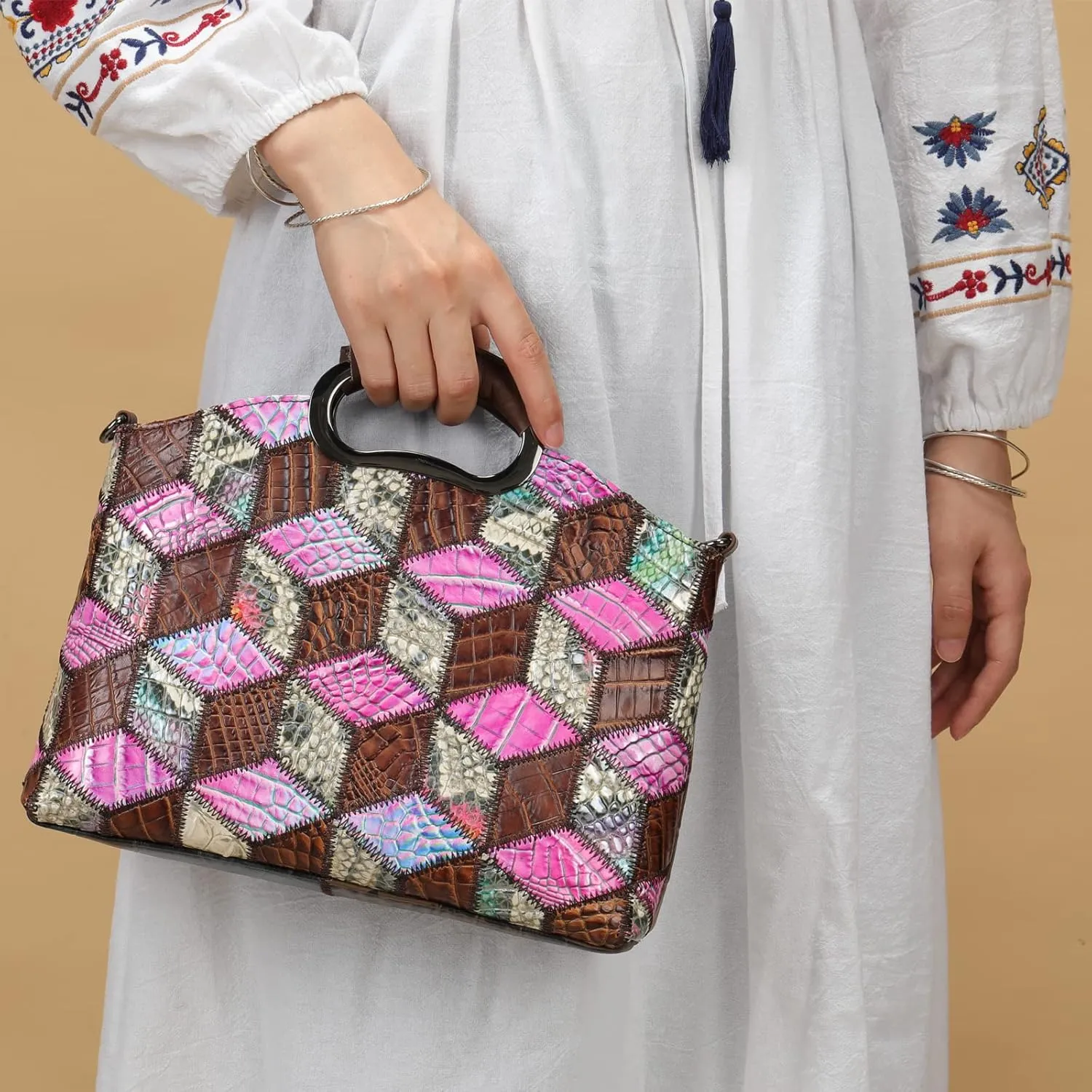 Floral Pattern Women Purse, Leather Ladies Designer Tote Bag Handbag Multicolor Patchwork Shoulder Bags