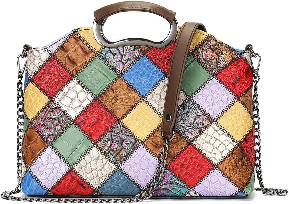 Floral Pattern Women Purse, Leather Ladies Designer Tote Bag Handbag Multicolor Patchwork Shoulder Bags