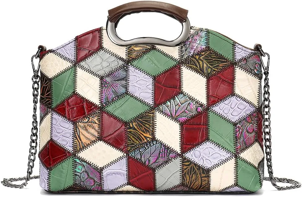Floral Pattern Women Purse, Leather Ladies Designer Tote Bag Handbag Multicolor Patchwork Shoulder Bags