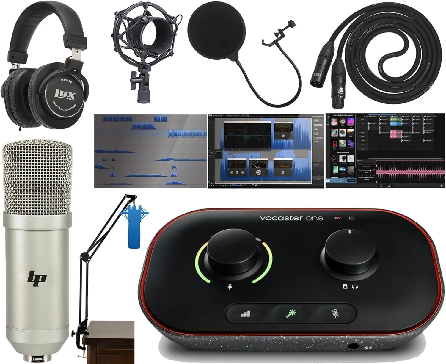 Focusrite Vocaster One Podcasting Audio Interface for Solo Content Creators Includes Software Bundle: Hindenburg Lite, aCast, SquadCast Pro   Video, and Ampify Studio with Professional Microphone Kit