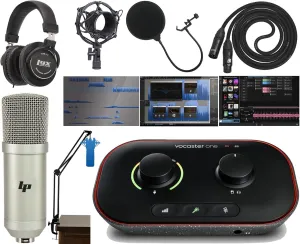 Focusrite Vocaster One Podcasting Audio Interface for Solo Content Creators Includes Software Bundle: Hindenburg Lite, aCast, SquadCast Pro   Video, and Ampify Studio with Professional Microphone Kit