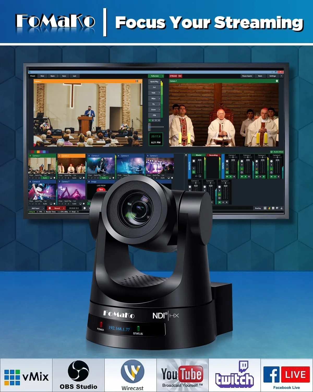 FoMaKo NDI PTZ Camera, NDI 6 & NDI HX3 Certified, AI Auto Tracking 30X Optical Zoom, PTZ Bundle Camera for Church Worship PoE PTZ Controller Keyboard BN302(NDI PTZ Bundle KN30Ax2 KC608 Pro)