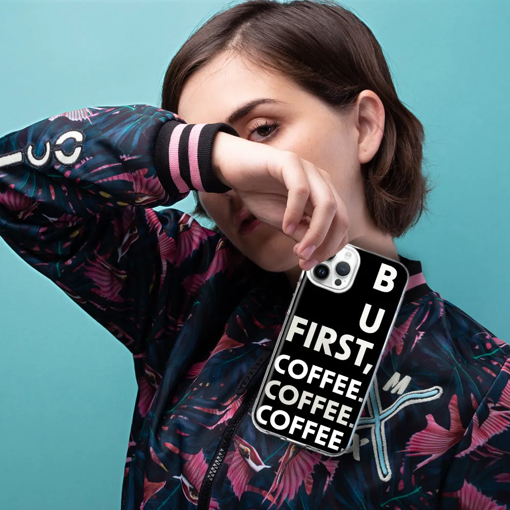 For Apple iPhone 14 Pro Max Black Clear Funny Text Quote But First Coffee Design Hybrid Protective Phone Case Cover