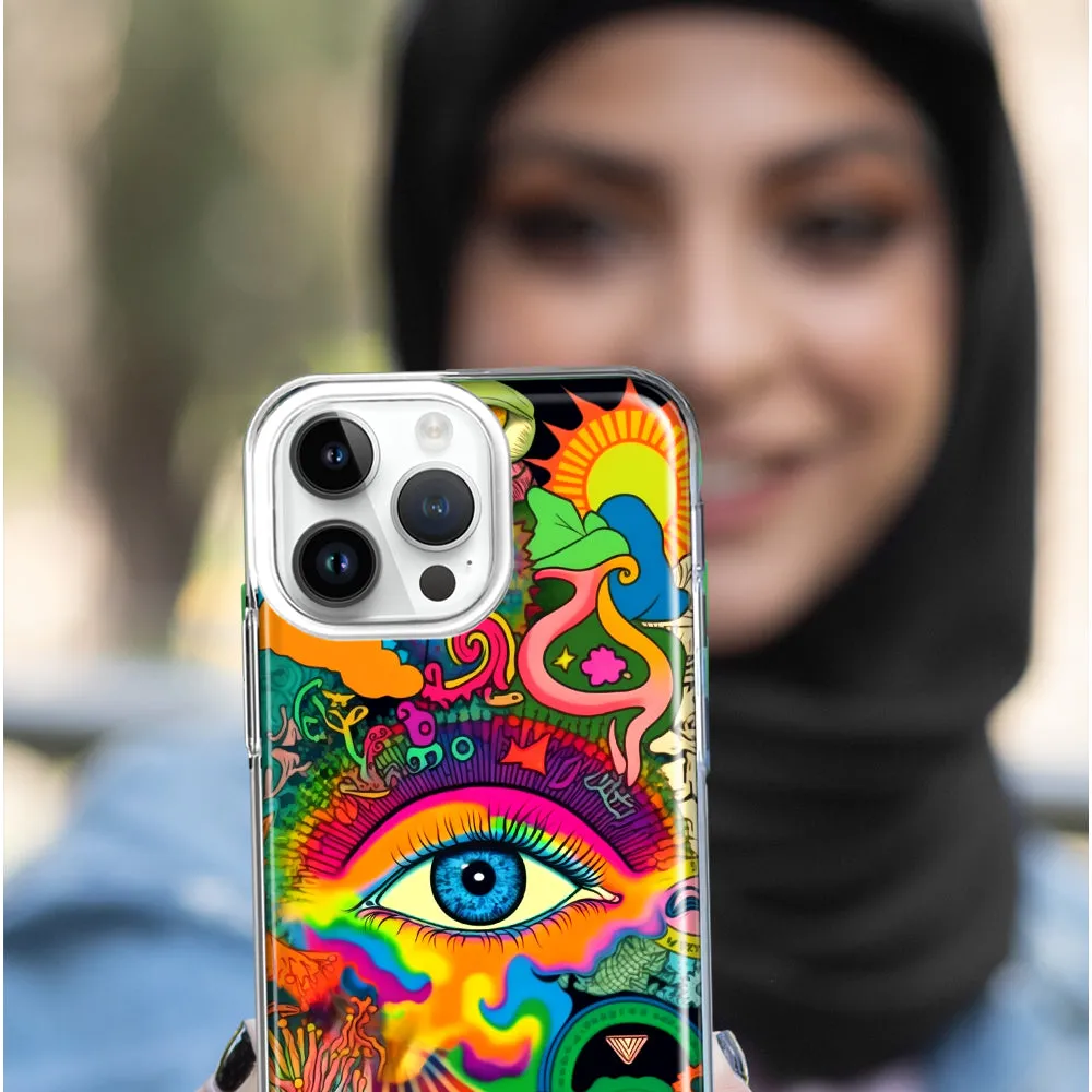 For Apple iPhone 14 Pro Max Neon Rainbow Psychedelic Trippy Hippie Multiple Eyes Design Hybrid Protective Phone Case Cover