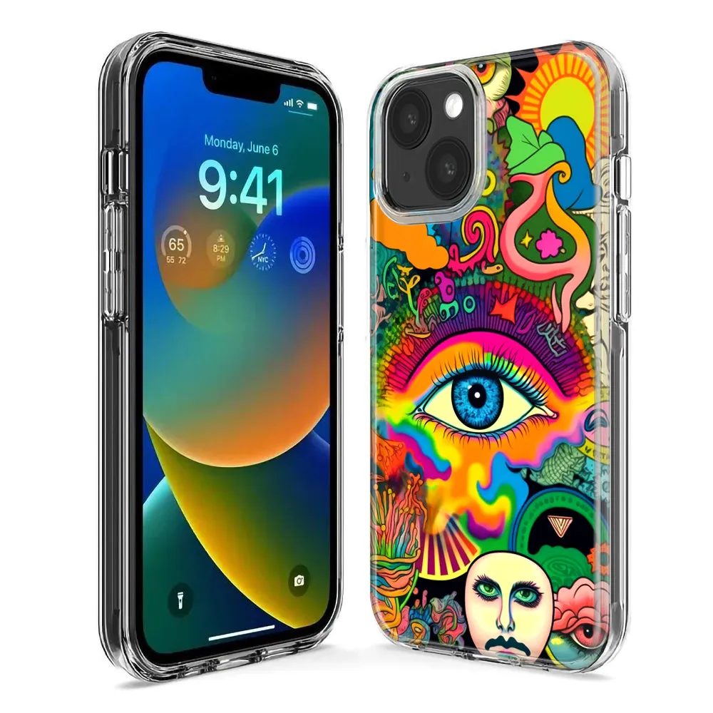 For Apple iPhone 14 Pro Max Neon Rainbow Psychedelic Trippy Hippie Multiple Eyes Design Hybrid Protective Phone Case Cover