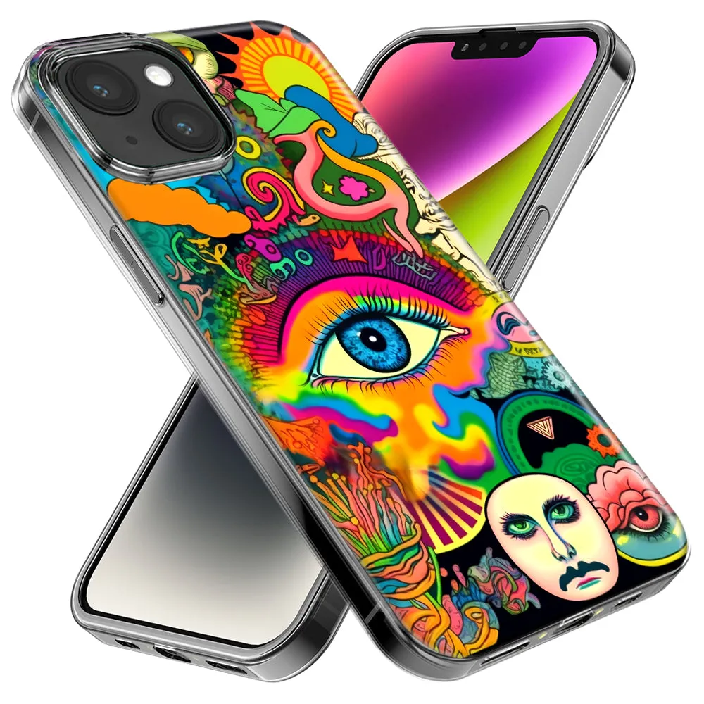 For Apple iPhone 14 Pro Max Neon Rainbow Psychedelic Trippy Hippie Multiple Eyes Design Hybrid Protective Phone Case Cover