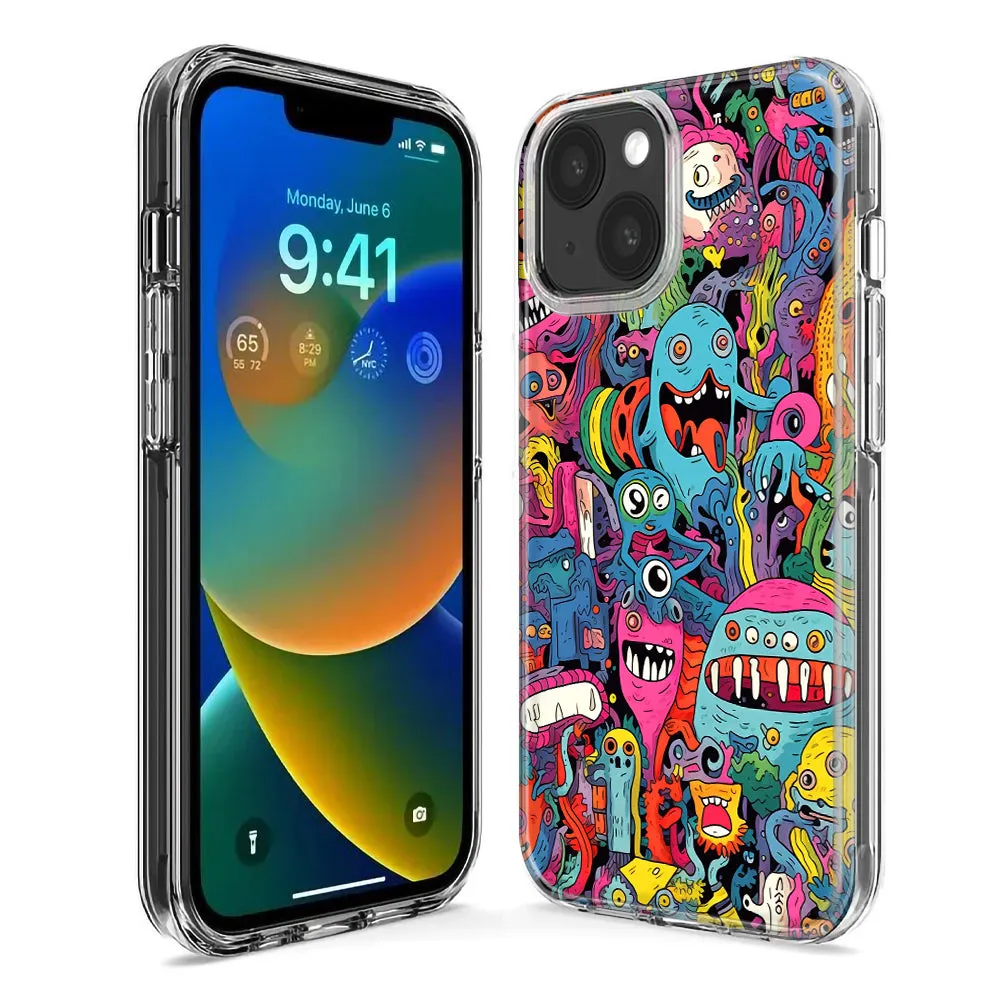 For Apple iPhone 14 Pro Max Psychedelic Trippy Happy Aliens Characters Design Hybrid Protective Phone Case Cover