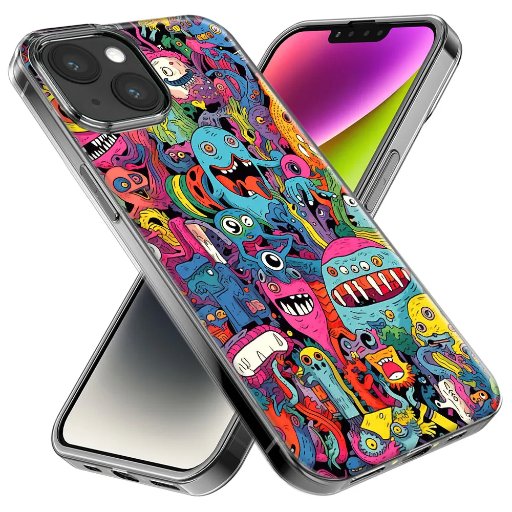 For Apple iPhone 14 Pro Max Psychedelic Trippy Happy Aliens Characters Design Hybrid Protective Phone Case Cover