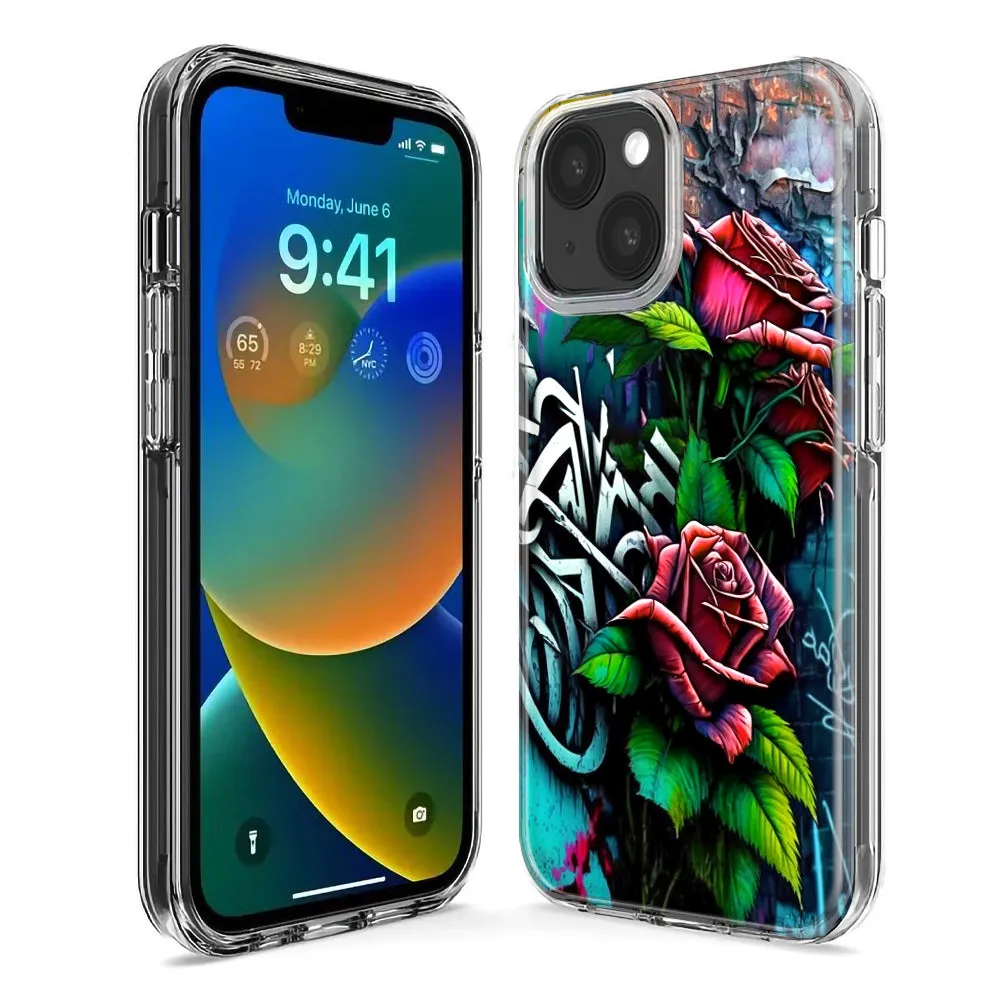 For Apple iPhone 14 Pro Max Red Roses Graffiti Painting Art Design Hybrid Protective Phone Case Cover