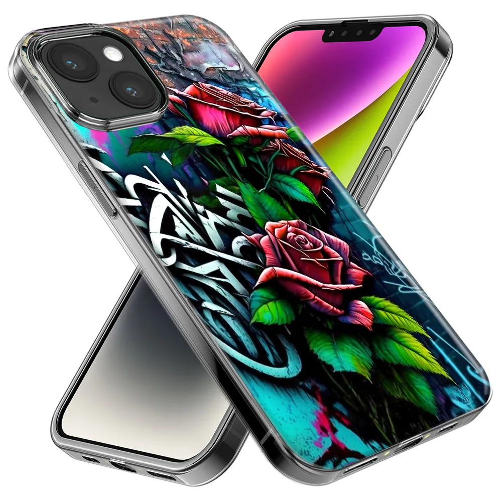 For Apple iPhone 14 Pro Max Red Roses Graffiti Painting Art Design Hybrid Protective Phone Case Cover