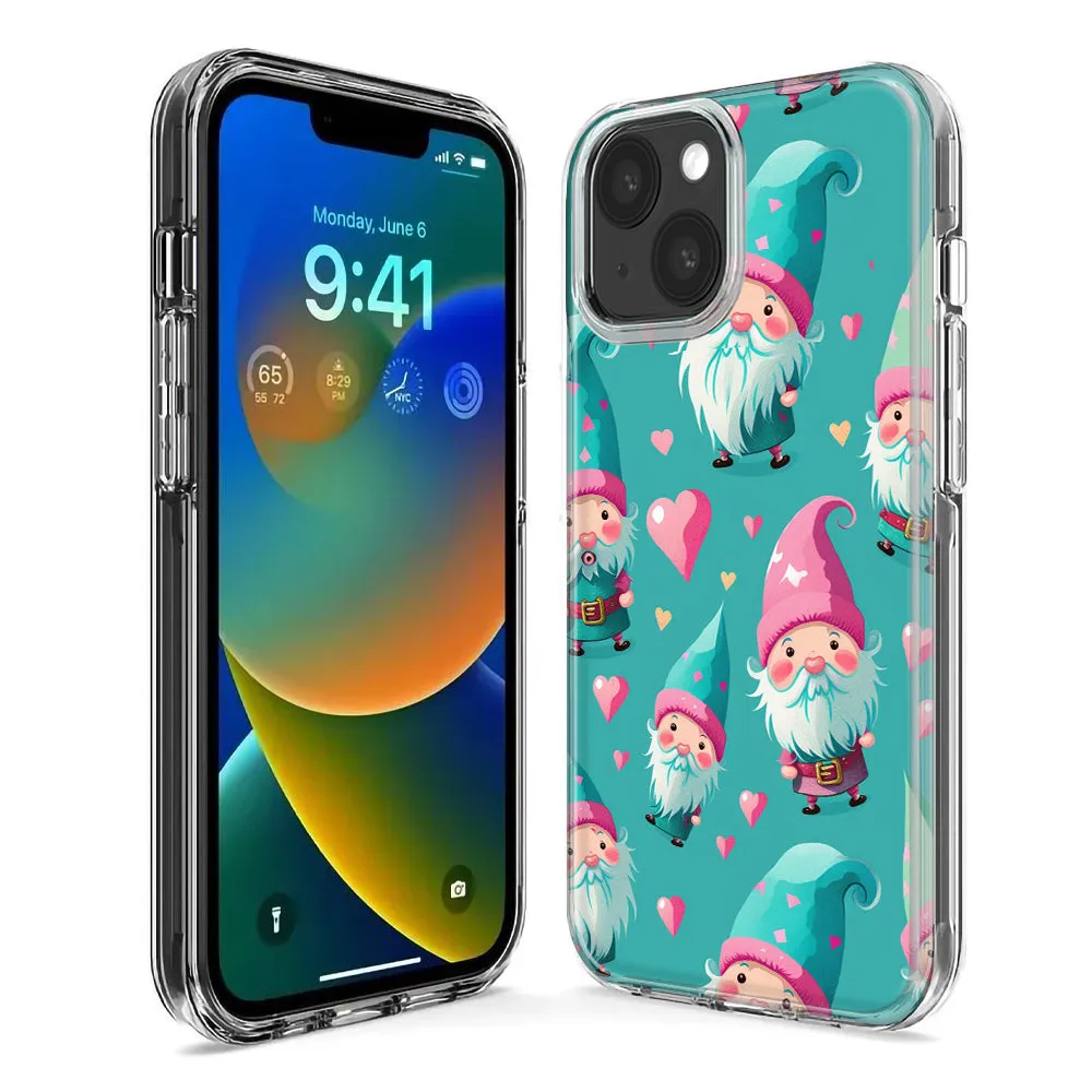 For Apple iPhone 14 Pro Max Turquoise Pink Hearts Gnomes Design Hybrid Protective Phone Case Cover