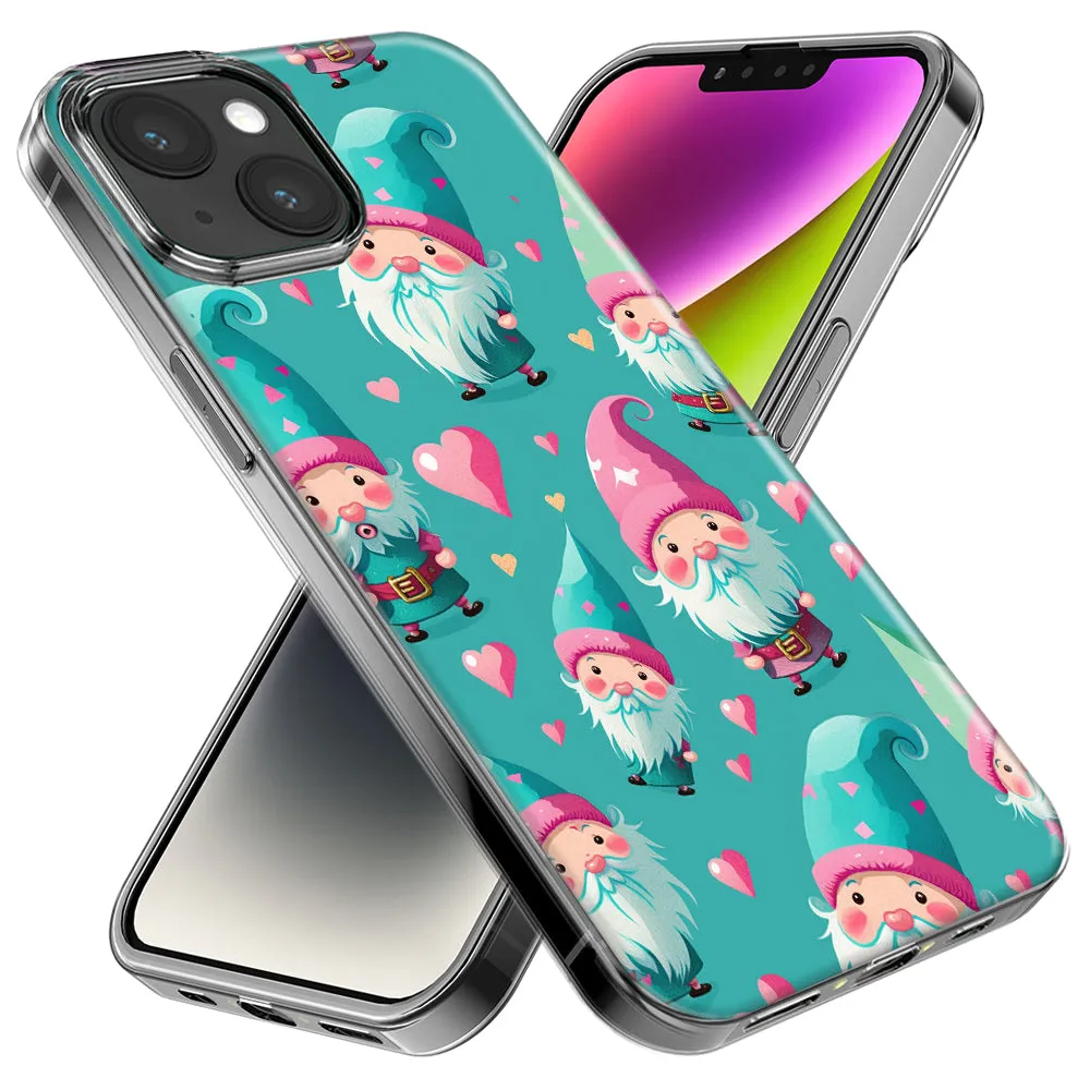 For Apple iPhone 14 Pro Max Turquoise Pink Hearts Gnomes Design Hybrid Protective Phone Case Cover