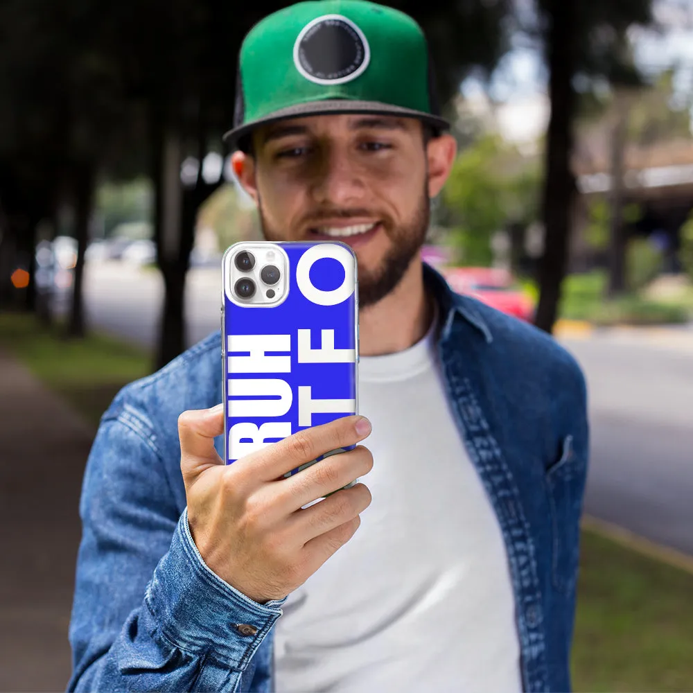 For Apple iPhone 15 Pro Blue Clear Funny Text Quote Bruh GTFO Design Hybrid Protective Phone Case Cover