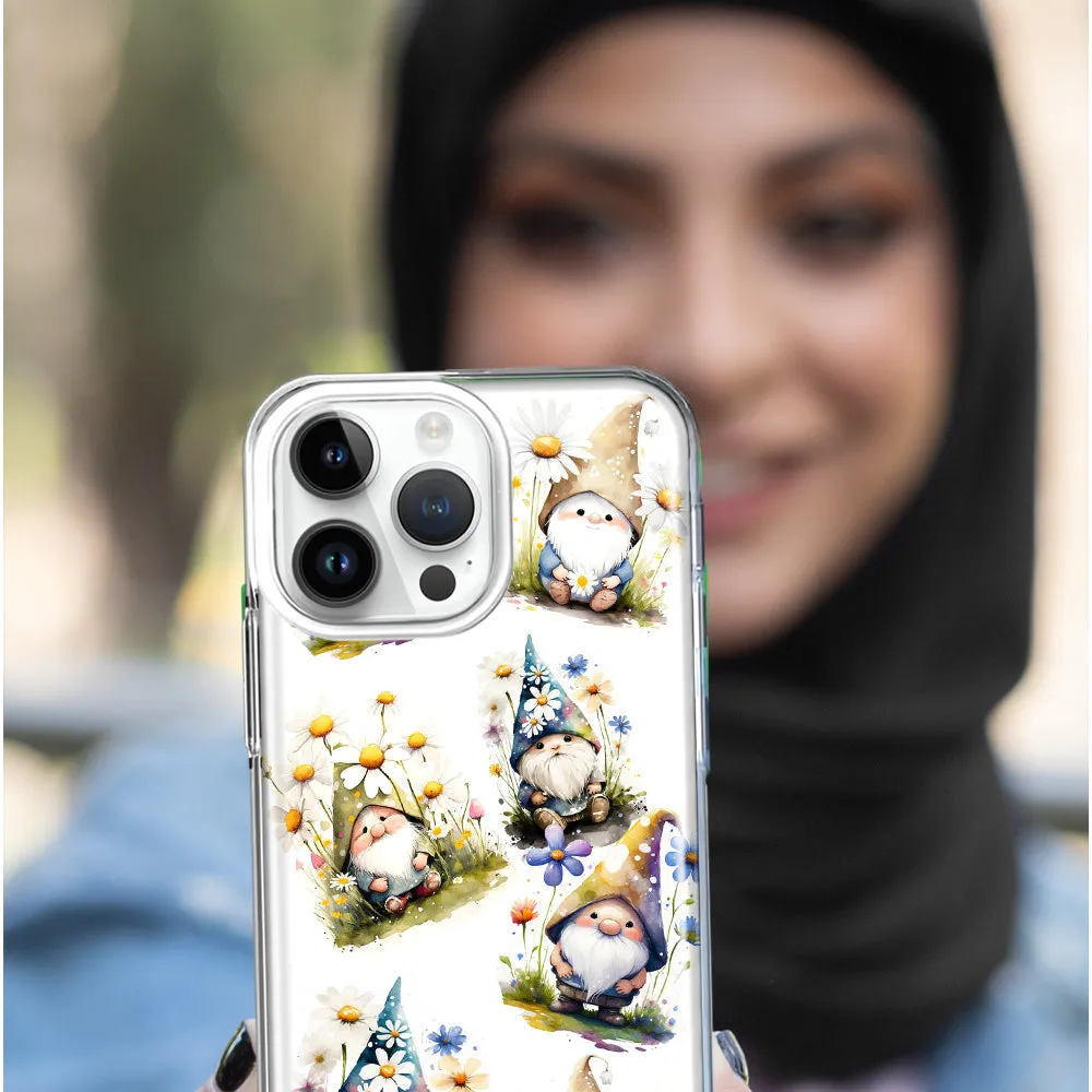 For Apple iPhone 15 Pro Cute White Blue Daisies Gnomes Design Hybrid Protective Phone Case Cover