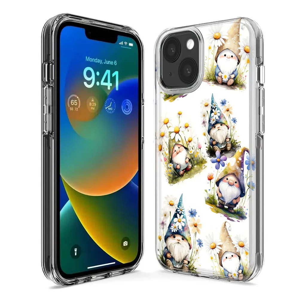 For Apple iPhone 15 Pro Cute White Blue Daisies Gnomes Design Hybrid Protective Phone Case Cover